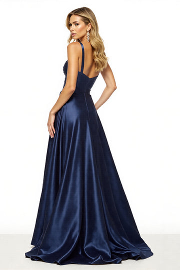 Navy A Line Spaghetti Straps Long Prom Dress With Slit